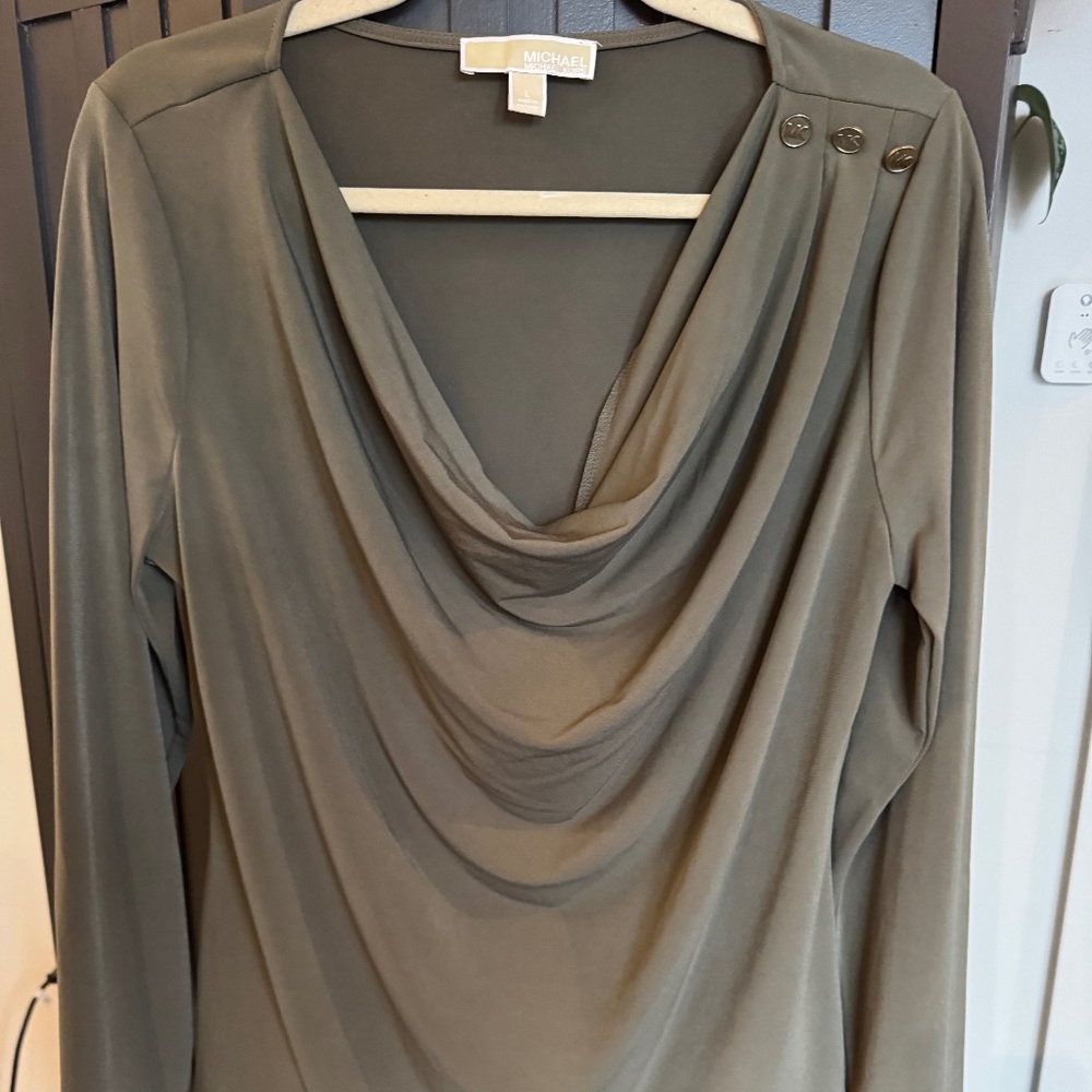 Michael Kors Olive Green Drape Neck Long Sleeve Blouse – LIKE NEW!